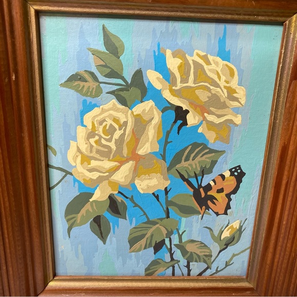 Vintage 60’s Hand Painted Yellow Rose And Monarch Butterfly Framed Artwork - Picture 4 of 7